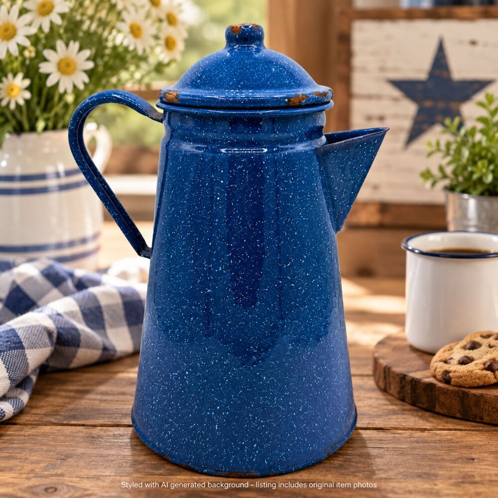 Vintage Blue Speckle Coffee Pot Tall Enamelware Cowboy Camp Kettle Detached Lid